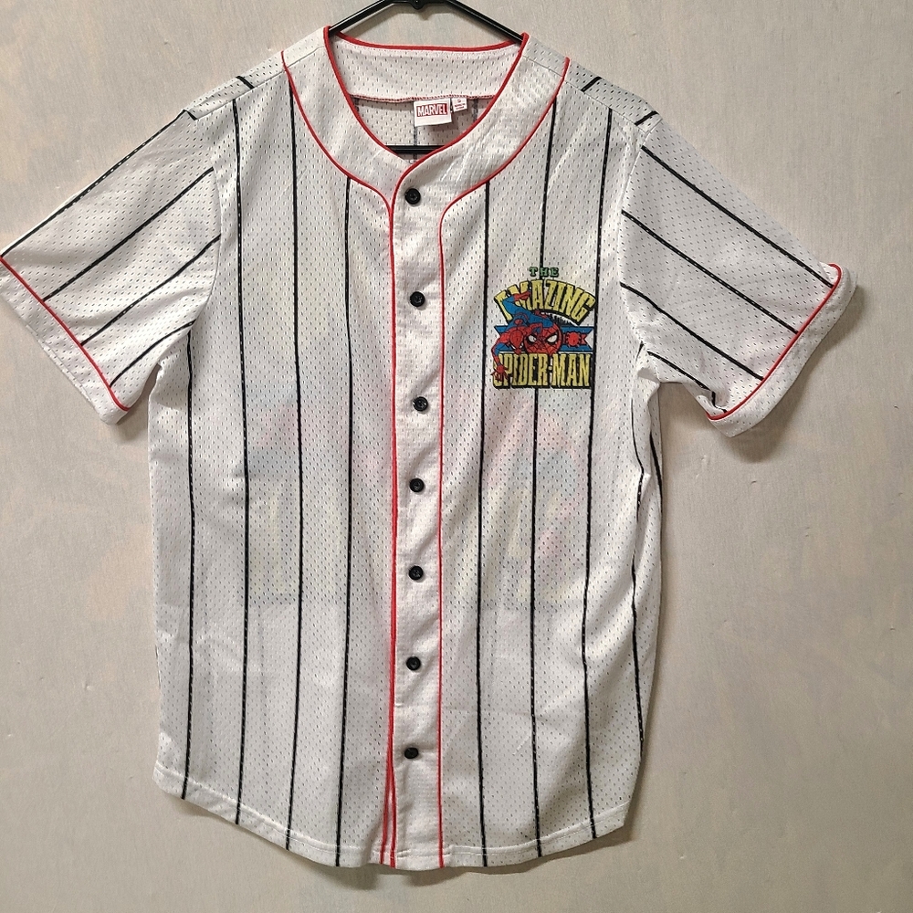 Marvel Amazing Spiderman Baseball Jersey Mens Small White Graphic Print Striped